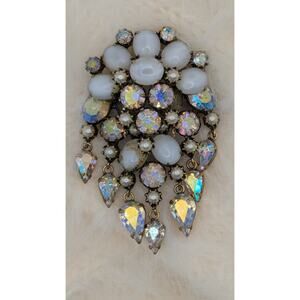 Signed KRAMER Of New York Aurora Borealis Rhinestone Silver Tone Dangle Brooch